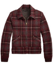 A cropped zip-up jacket featuring a dark red and black plaid pattern with thin white accent lines, displayed on a clean white background.