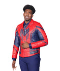 A man modeling a red and navy blue Spider-Man themed quilted jacket, paired with matching navy pants, against a plain white background.