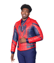 A man modeling a red and navy blue Spider-Man themed quilted jacket, paired with matching navy pants, against a plain white background.