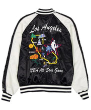 Black and white satin bomber jacket featuring a colorful graphic of the Los Angeles map and 'NBA All-Star Game' text on the back.