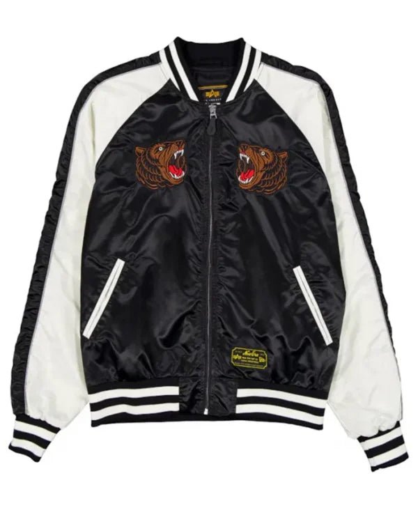A black and white satin bomber jacket featuring embroidered roaring bear patches on the chest, a gold-tone zipper, and a 'SOUTH CAROLINA' brand patch near the hem.