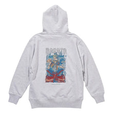 A light gray heather hoodie shown from the back, featuring a large graphic print of a seated figure in blue, red, and gold tones with the word 'NARUTO' above it.