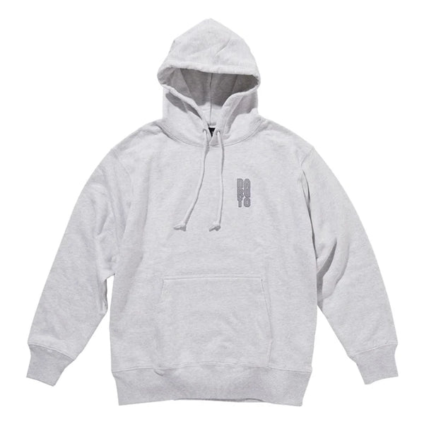 A light gray heather pullover hoodie with a small dark gray graphic on the left chest, displayed on a solid white background.