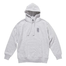 A light gray heather pullover hoodie with a small dark gray graphic on the left chest, displayed on a solid white background.