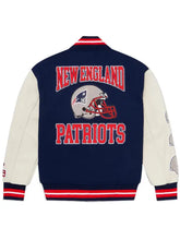 Navy New England Patriots wool varsity jacket with fabric lining