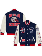 Navy New England Patriots wool varsity jacket with fabric lining