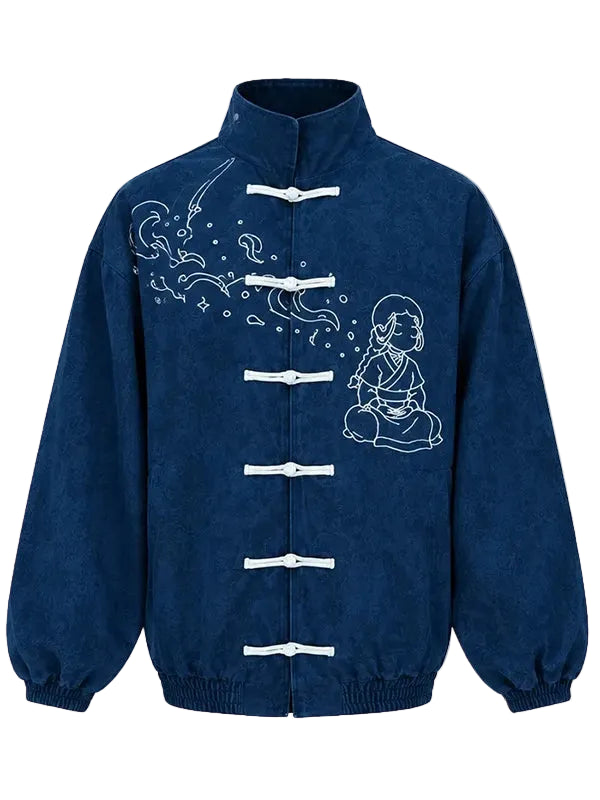 Blue Chinese-style jacket with zipper closure and elastic cuffs