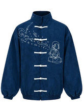 Blue Chinese-style jacket with zipper closure and elastic cuffs