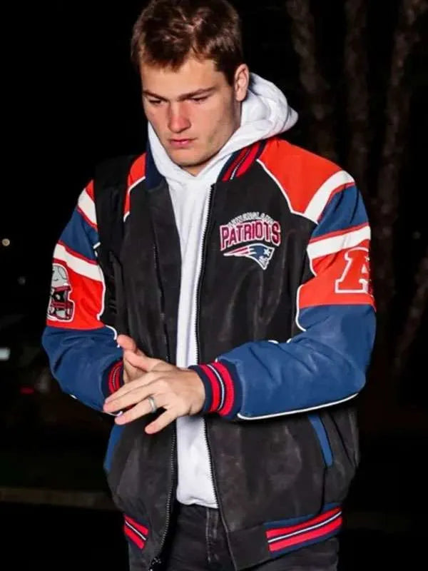Drake Maye Patriots Leather Varsity Jacket