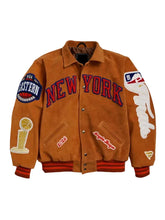 Brown suede jacket for basketball-inspired casual outfits