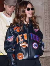 New York Knicks Hailey Bieber Black Leather Bomber Jacket