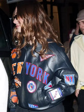 New York Knicks Hailey Bieber Black Leather Bomber Jacket