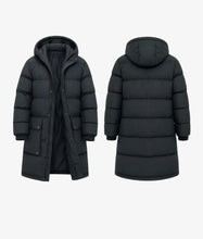 A long black hooded puffer coat shown from both the front and back views against a light gray background.