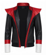 A black faux leather jacket with bold red shoulder panels, red front trim, and white cuffs, displayed on a white background.