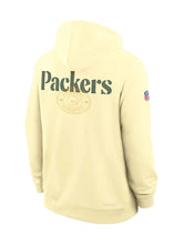 A pale yellow-green hooded sweatshirt shown from the back, featuring 'Packers' in dark green text and a circular Green Bay logo on the back, with an NFL shield logo on the sleeve.