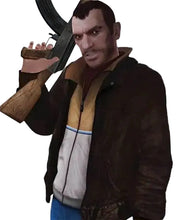 A video game character portrait showing a man with a mustache holding a rifle over his shoulder, wearing a dark brown jacket over a tan and white zip-up shirt with blue pants, against a plain light background.