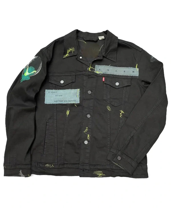Nope black denim jacket with two outside and one inside pocket
