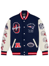 Navy New England Patriots wool varsity jacket with fabric lining