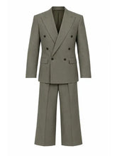 Olive grey double-breasted blazer with broad notched lapels