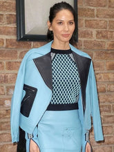 Olivia Munn Blue Leather Jacket
