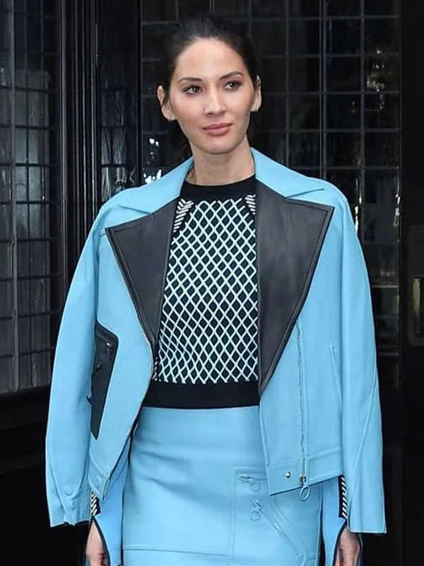 Olivia Munn Blue Leather Jacket