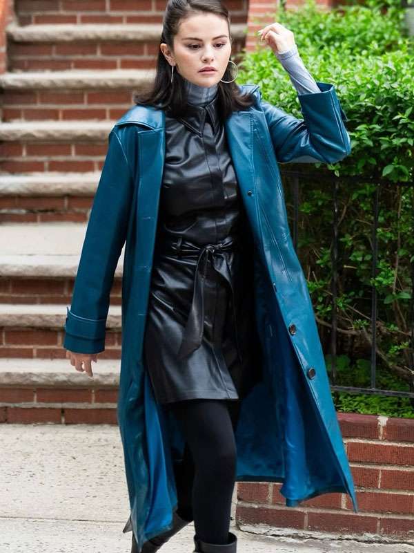 Selena Gomez  Blue Leather Coat