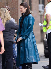 Selena Gomez  Blue Leather Coat