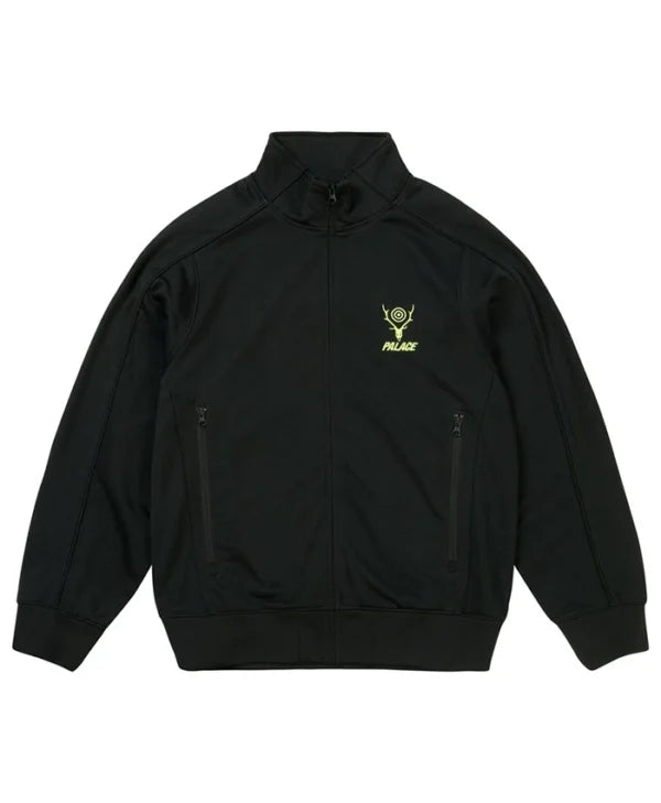 A black zip-up jacket with a stand-up collar, featuring a small yellow-green embroidered logo on the left chest with the text 'PRIDE' and a deer head graphic. The jacket has two vertical zippered pockets on the front and is displayed against a solid white background.