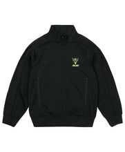 A black zip-up jacket with a stand-up collar, featuring a small yellow-green embroidered logo on the left chest with the text 'PRIDE' and a deer head graphic. The jacket has two vertical zippered pockets on the front and is displayed against a solid white background.