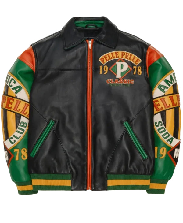 American Soda Club black leather jacket with outside and inside pockets