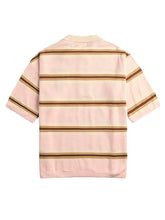 A short-sleeve collared shirt shown from the back, featuring horizontal stripes in light pink, beige, and brown on a white background.