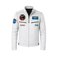 A white zip-up astronaut jacket with various NASA and space-themed patches on the front and sleeves, displayed on a clean white background.