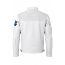 A white astronaut-style jacket shown from the back, featuring horizontal ribbed detailing across the upper back, a NASA patch on the left sleeve, and zippered pockets on the sleeves.