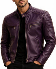 Dark purple padded leather jacket with zipper cuffs