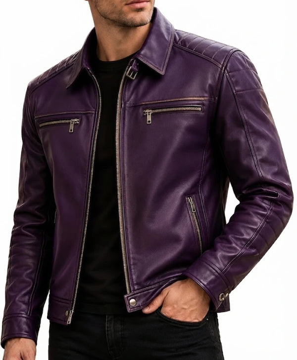 Men's purple motorcycle jacket with four outside pockets