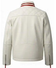 An off-white leather jacket shown from the back, featuring a quilted diamond pattern on the shoulders, a high collar with red and white stripes, and zippered details on the sleeves.