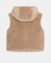 A sleeveless hooded fleece vest in a warm tan or camel color, shown from the back against a light gray background.
