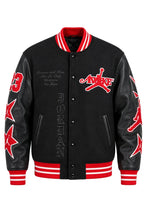 Wool and leather varsity jacket with rib-knitted cuffs