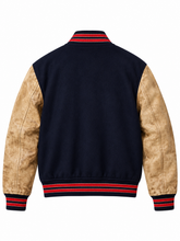 Navy tan varsity jacket with buttoned-style closure and rib-knitted cuffs