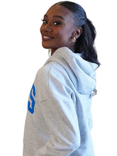 Women’s gray fleece pullover hoodie with open-hem cuffs