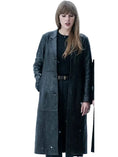 Slim black leather trench coat with round cuffs
