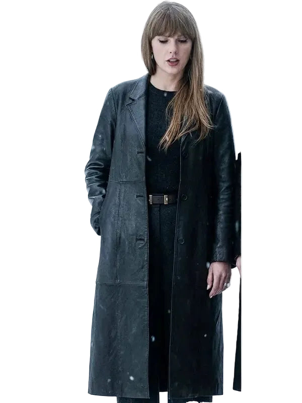Slim black leather trench coat with round cuffs