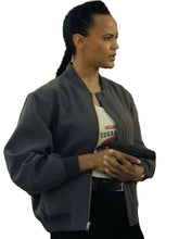 Reacher-inspired grey bomber jacket with two front pockets and one inside pocket