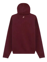 A dark burgundy hooded sweatshirt shown from the back, featuring a small white spiral logo centered below the neckline, set against a solid light gray background.