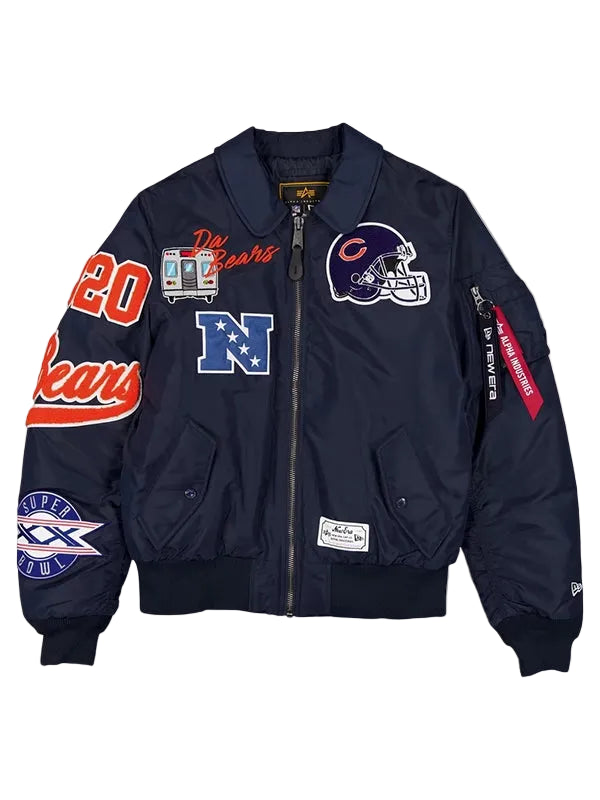 A navy blue bomber jacket featuring Chicago Bears patches, including a helmet patch on the left chest, a large 'N' patch on the right chest, and '20' on the right sleeve. The jacket has a front zipper, ribbed collar, cuffs, and hem, and is displayed against a solid gray background.