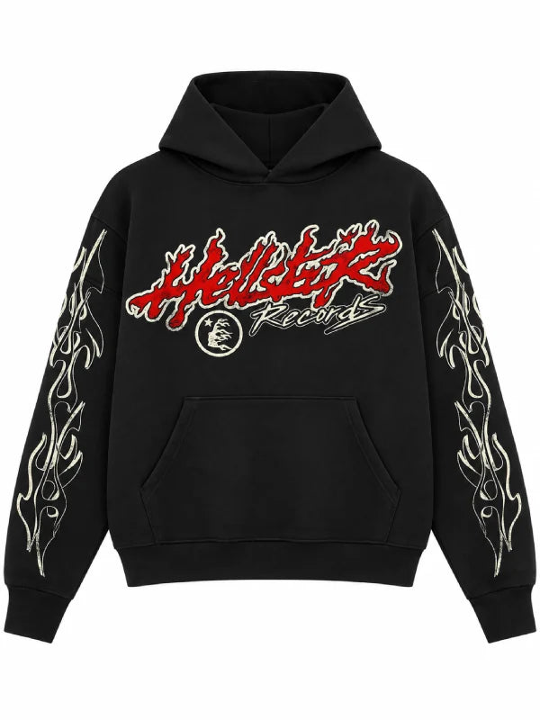 A black pullover hoodie featuring a stylized red and white 'Hellbit Records' logo on the chest, with white flame-like graphic prints running down both sleeves.