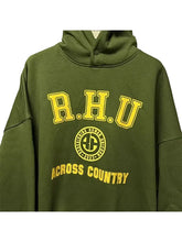 Green hoodie with yellow text and logo on a gray background