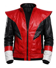 A red and black faux leather jacket with a high stand-up collar, black zipper, and contrasting white cuffs, shown on a plain white background.