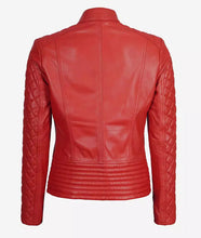 Biker Quilted Leather Jacket Women, Red