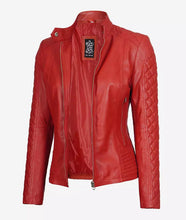 Biker Quilted Leather Jacket Women, Red